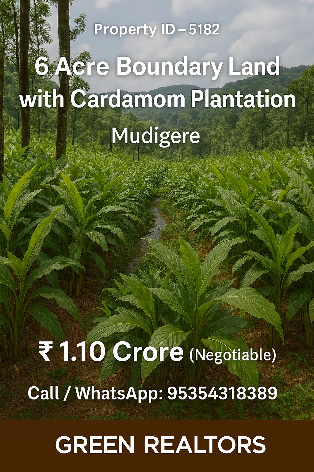 *property id 5182*  🌿 *6 Acre Boundary Land with Cardamom Plantation* – Mudigere
